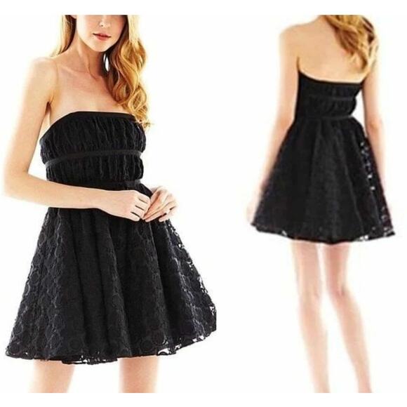 Pearl Georgina Chapman of Marchesa Strapless Black Lace Tulle Cocktail Dress 4 - Picture 1 of 12